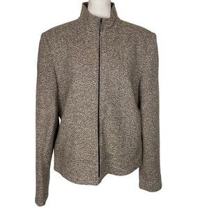 TALBOTS Women Zip Front Blazer Long Sleeve Wool Silk Blend Sz 14 Brown hg-25